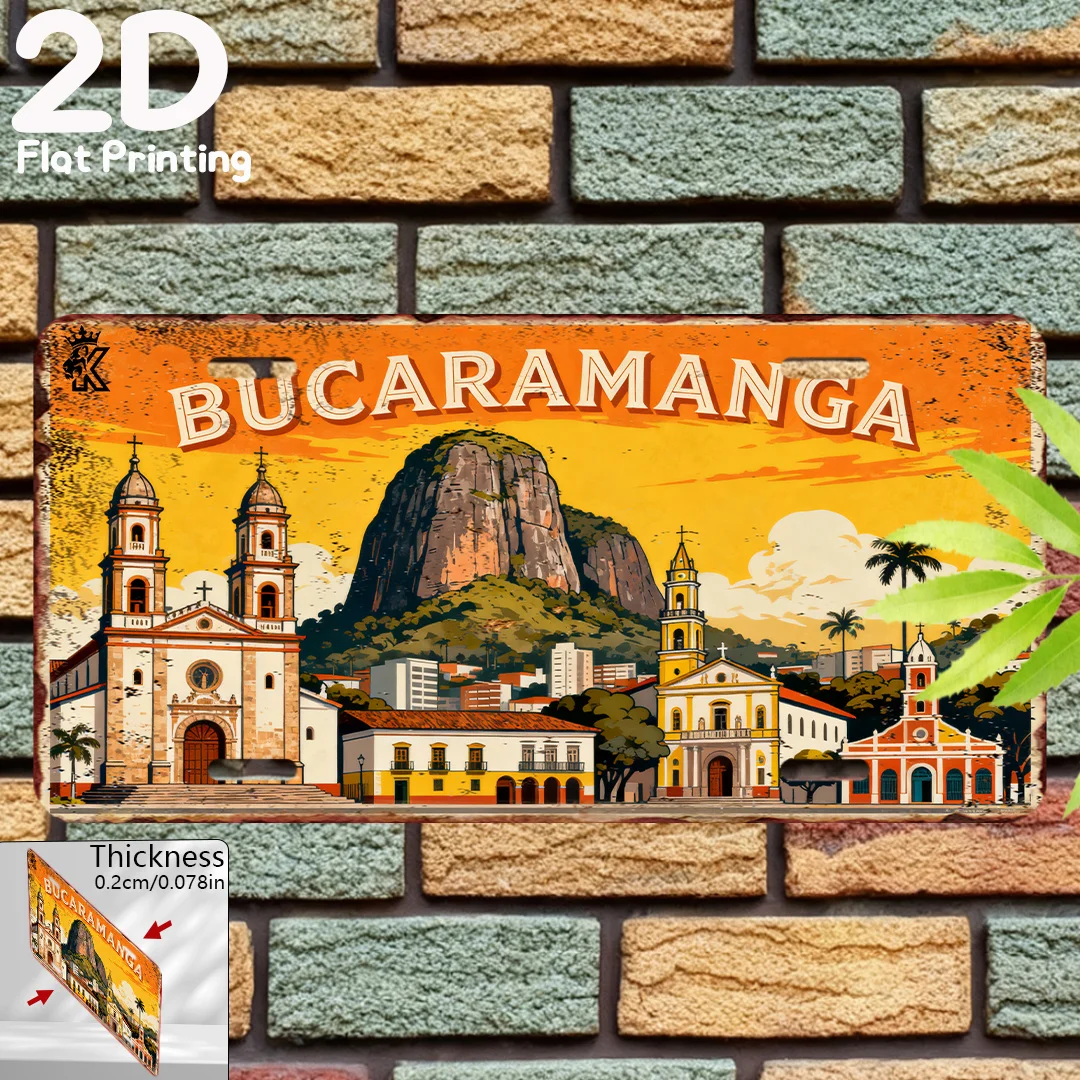 Panneau en étain représentant le paysage urbain de Bucaramanga, Colombie - Plaque murale vintage en métal durable, décoration murale pour la maison, le bureau, le bar ou la salle de jeux.
