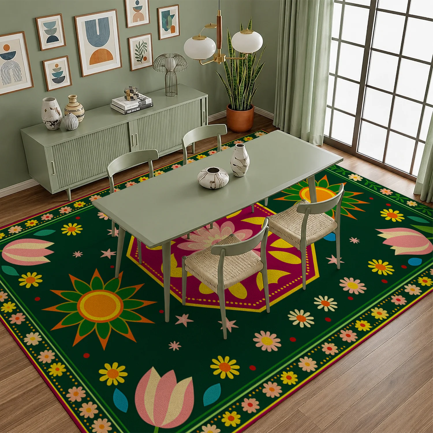 Floral Mandala Tulip Star Pattern Velvet Area Rug, Machine Washable Soft Decorative Floor Mat, Suitable for Living Room Bedroom Entryway Dining Room, Ideal for Halloween Thanksgiving Christmas New Year Home Decor
