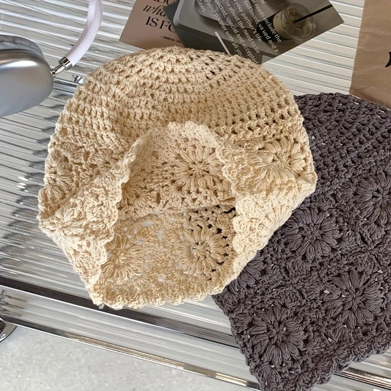 Gewebte Pullover-Mütze im japanischen Stil, dünne, ausgehöhlte Mützen, Mütze für Damen, Retro-künstlerische Strickmütze – Detail 5