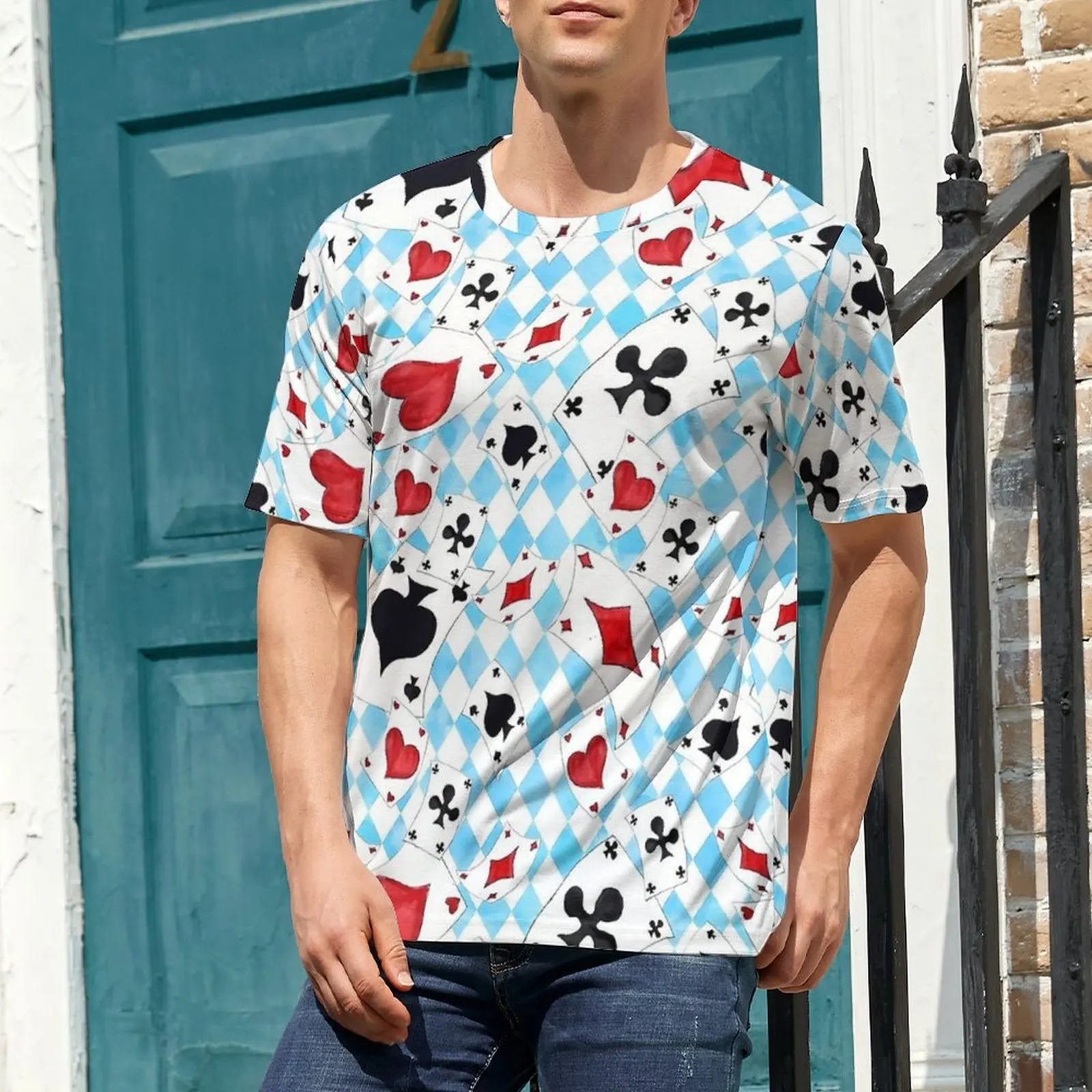 Summer T Shirt Playing Cards T-Shirts Blue And Red Y2K Casual Hippie Tee Shirt For Male Short Sleeve Custom Oversize Tops