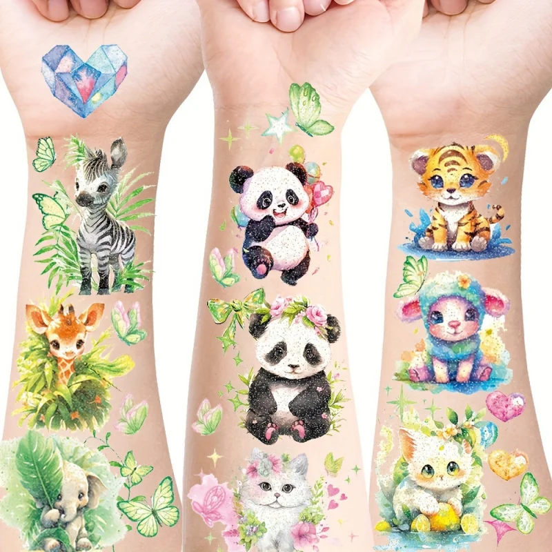 12 pack glitter animal temporary tattoo stickers, waterproof cartoon Jungle Zoo animals, panda, rabbit, sheep, tiger, elephant,