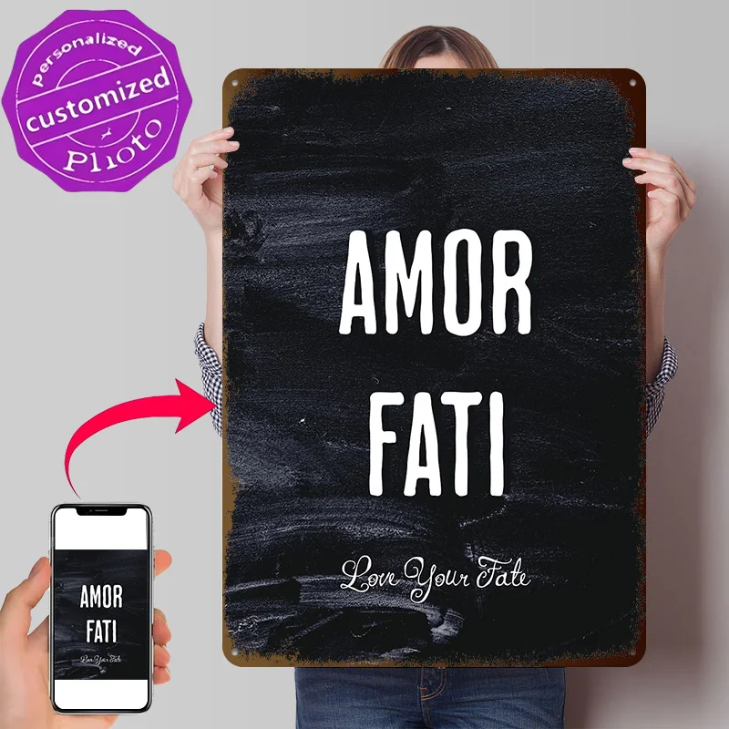 Latin Quote Amor Fati 3D Printed Texture Poster Personalized Wall Art Retro Metal Tin Signs for Decor Living Room Decoration Man