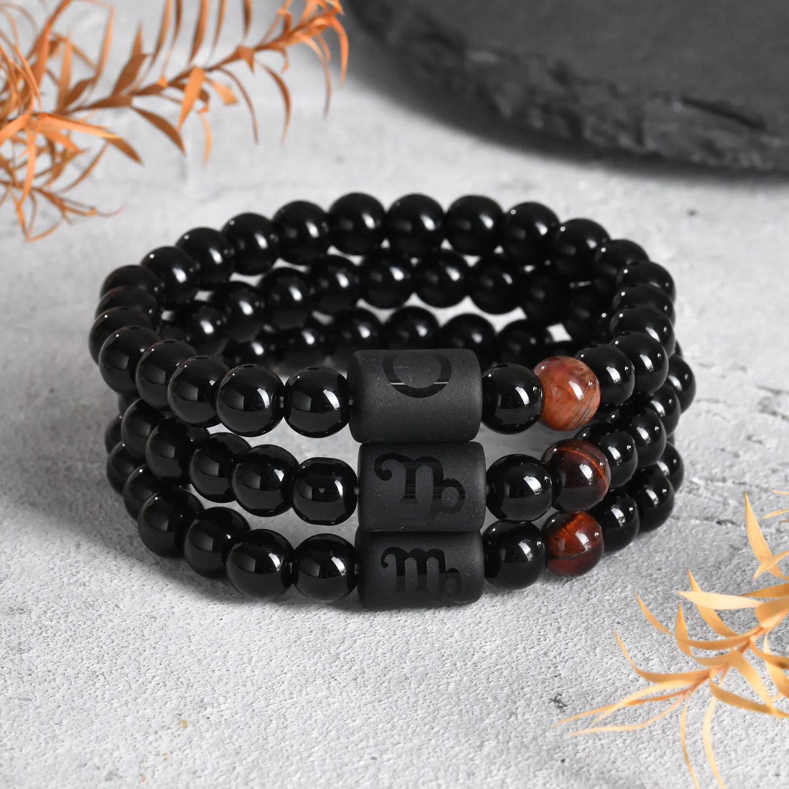 

Men's Zodiac Bracelet,Red Agate Black Beaded Bracelets,Casual Birthday Gifts to BBF Son