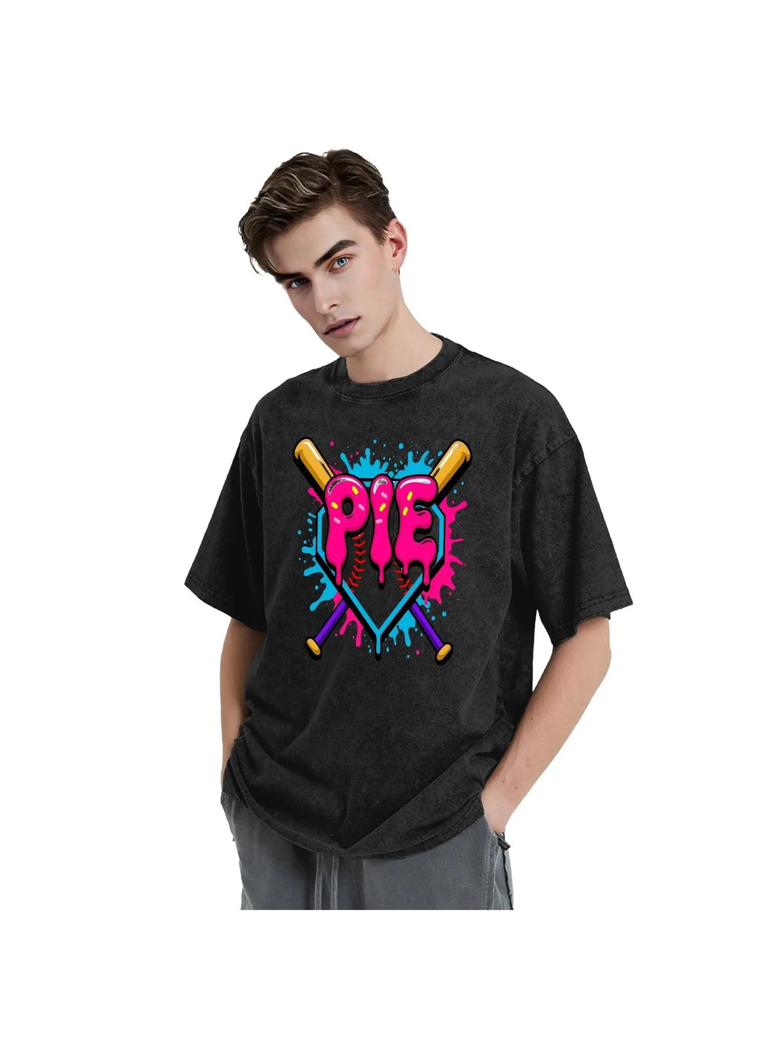 Army Green Graphic T-Shirt Dripping Pie Lettering Baseball Diamond Graphic Tee. Crafted from Premium 240g Heavy Cotton for a Soft yet Durable Breathable Feel, This Watermark Print Tee Delivers Everyday Casual Wear That Holds Up