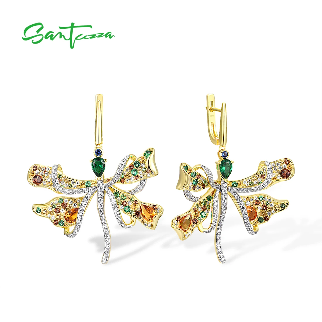 SANTUZZA Authentic 925 Sterling Silver Earrings For Women Sparkling Multicolor Gemstone Dragonfly Gorgeous Party Fine Jewelry