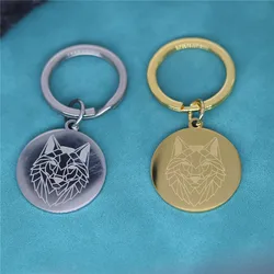 Geometric Wolf Head Disc Pendant Keychain For Men Stainless Steel Solid Real Gold Plated Wolf Key Chains Hip Hop Punk Jewelry
