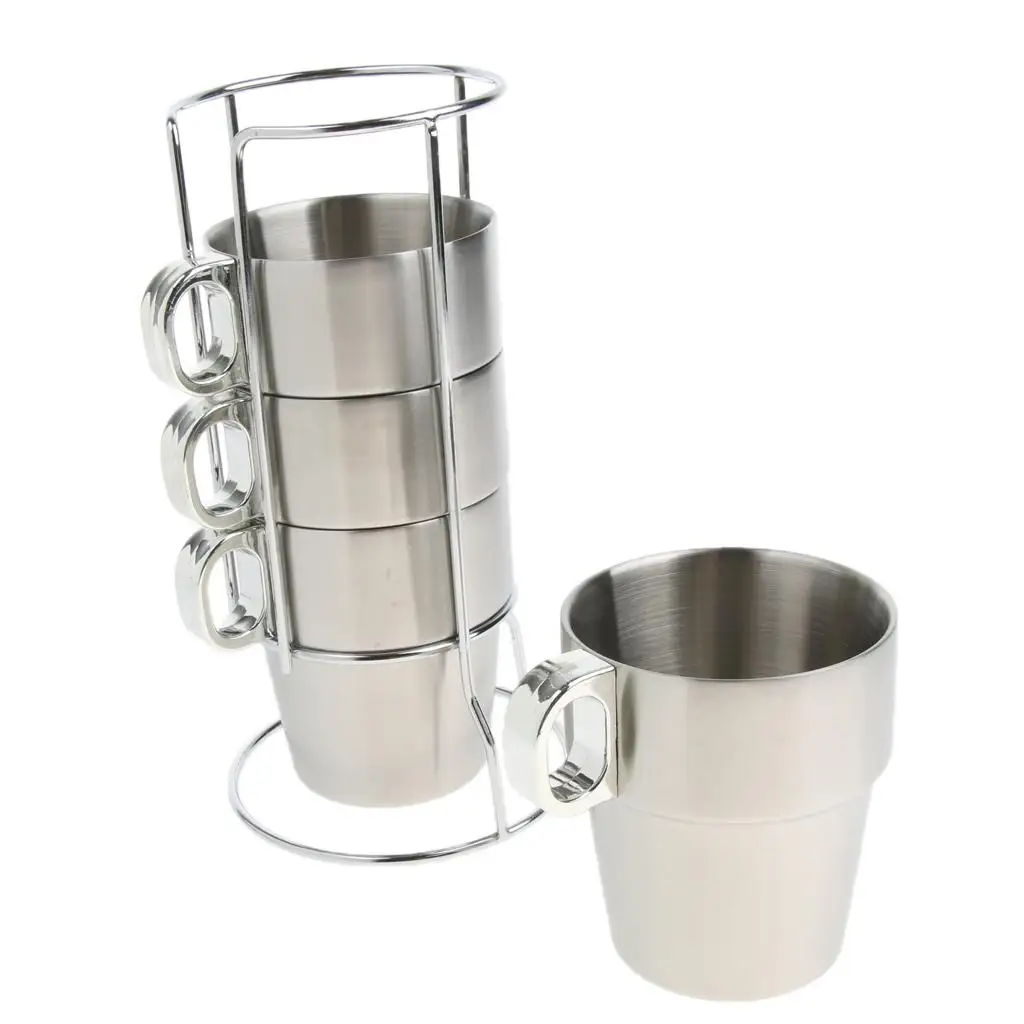 Set Stainless Steel Coffee Cups Water Tea Mugs Stackable with Stackable Rack