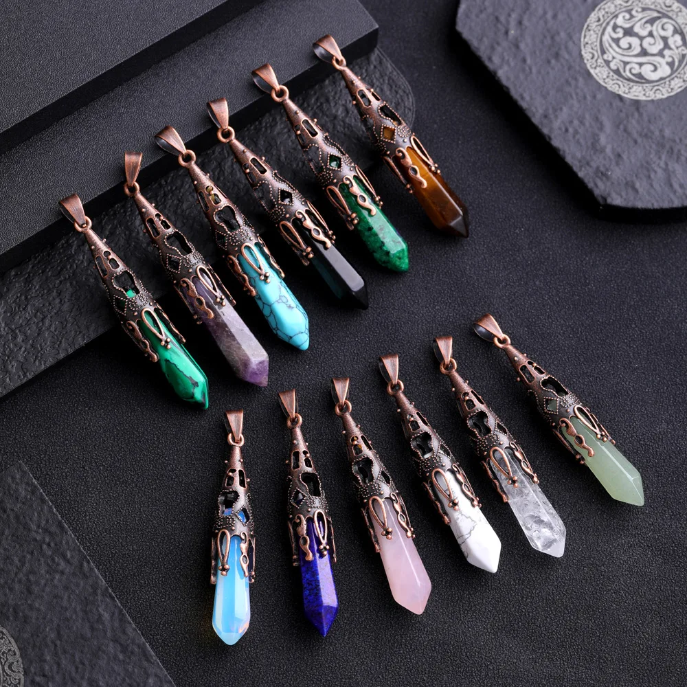 Crystal stone hexagonal fantasy pillar swinging amethyst pink crystal necklace spirit tune frequency yoga accessories cosplay