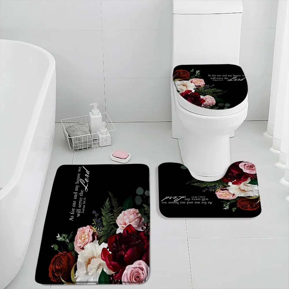 Pink Perfume Bottle Bath Mat Sets Pink Flowers Cosmetics High-heels Bathroom Decor Modern Fashion Bath Rug Toilet Lid Cover