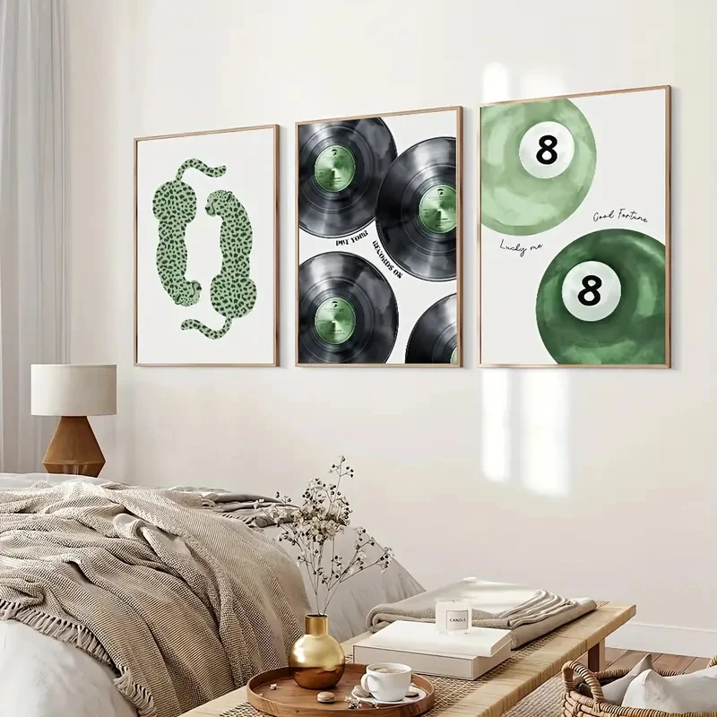3pcs/Set Green Sieve Leopard Disc Poster, Canvas Printing, Wall Art, Living Room, Bedroom, Office, Corridor Decoration Painting