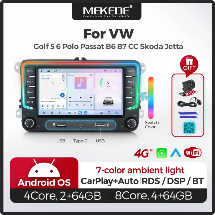 MEKEDE 7-Zoll Android OS 4G+64G ChatGPT Autoradio GPS WIFI RDS BT für VW Golf 5 6 Passat Polo Touran Tiguan Caddy EOS Auto-Multimedia-Player GPS-Navigation Headunit Kabelloses Apple CarPlay Android