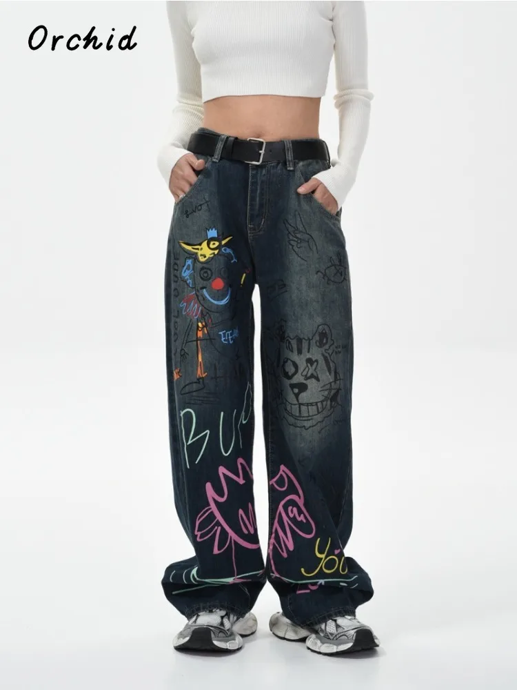 

2024 Spring Women's Casual Style Harajuku Baggy Jeans Vintage High Waist Loose Printting Pants Y2K Wide Leg Punk Denim Trouser