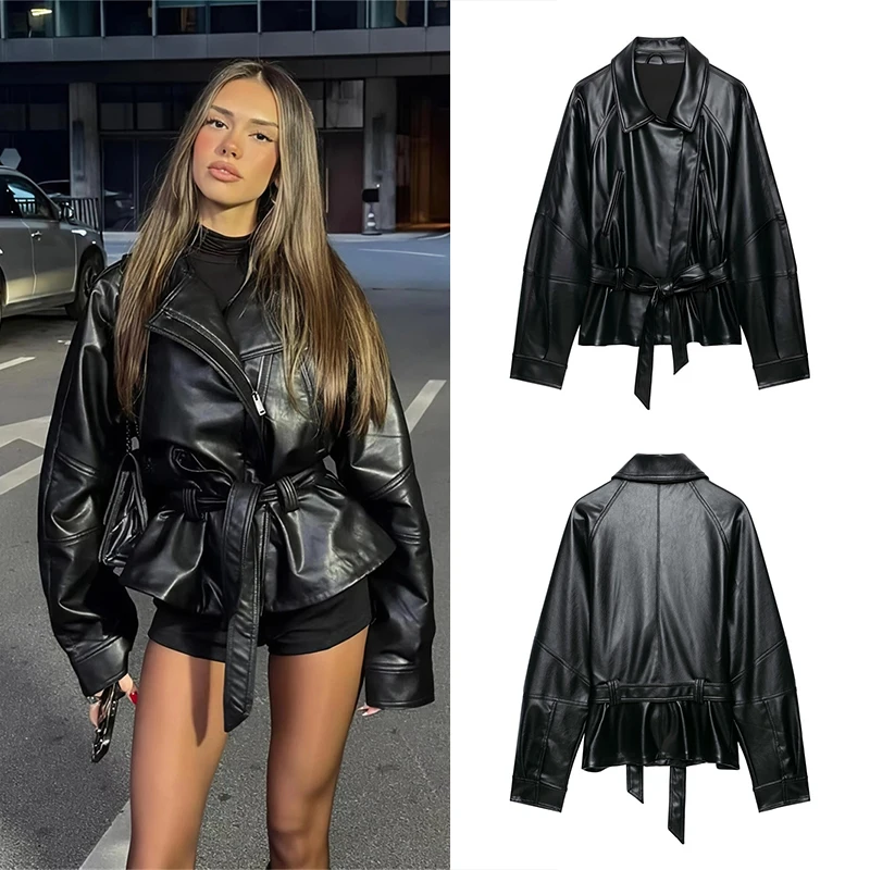 Guobioziy Women's Casual Waist Belt Leather Jacket 2026 Spring and Autumn French Fashion Trendy Daily Classic Biker Street Style