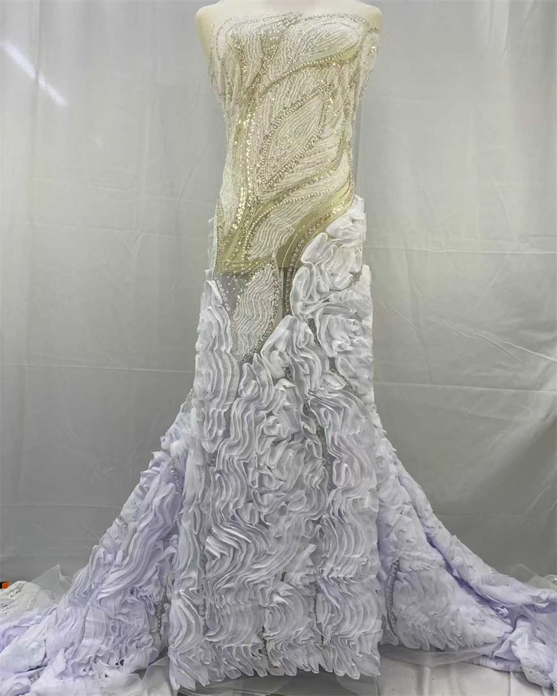 

Elegant Embroidery rufflet Lace Fabric,Luxury African beaded Tulle Lace Fabric,Wedding Party Long Dress lace