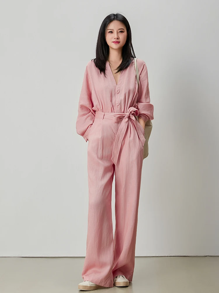 

L·SEA 2025 New Pink V-Neck Shirt Jumpsuit Fabric Linen Material High Waist Long Pants Wide Leg Pants Commute Style