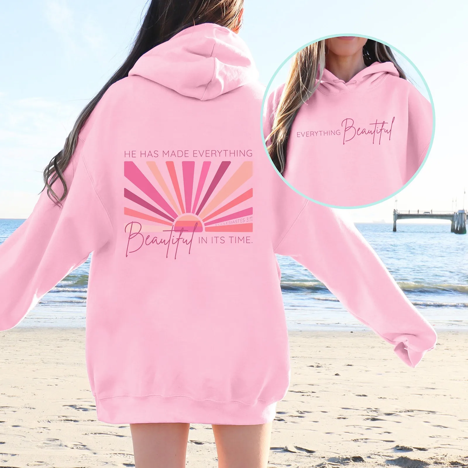 

Women's Round Neck Hoodie Sweatshirt Seaside Beach Sunrise Sunset Collection Top Tunic Sweatshirts Women