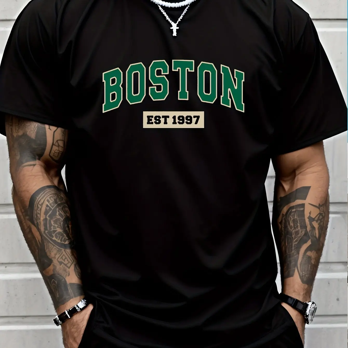 

Black T-Shirt with Boston Est 1997 Graphic Classic Collegiate Style Athletic Design Comfortable Casual Men’s Tee