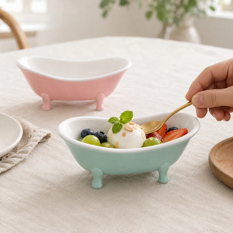 Macaron Colo Ceramic Bathtub Bowl Dessert Fruit Yogurt Snack Serving Dish SetCute Kitchen Tableware for Ice Cream Cereal Pudding