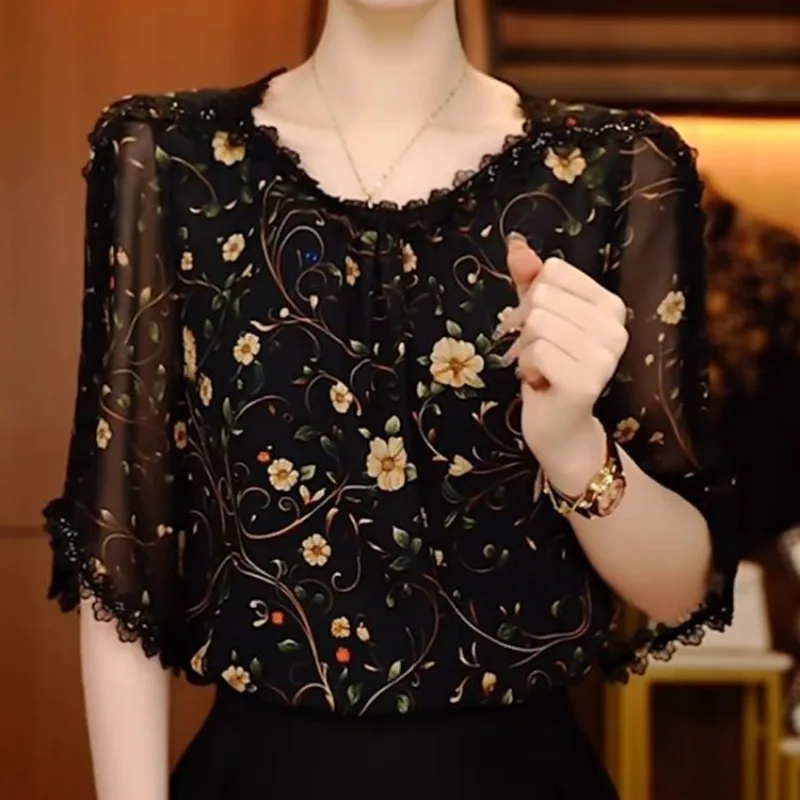 Floral Chiffon Blouse Women Loose Fit Sunscreen Top Summer Casual Flowy Shirt M…