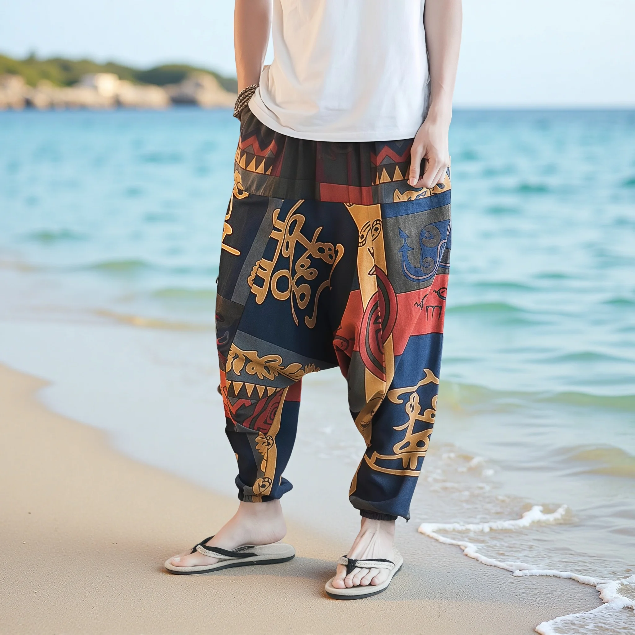  Euro Size Men's Casual Loose Drop Crotch Cotton-Linen Pants Paisley Ethnic Print Mid-Waist Drawstring Closure Spring/Fall Y2K