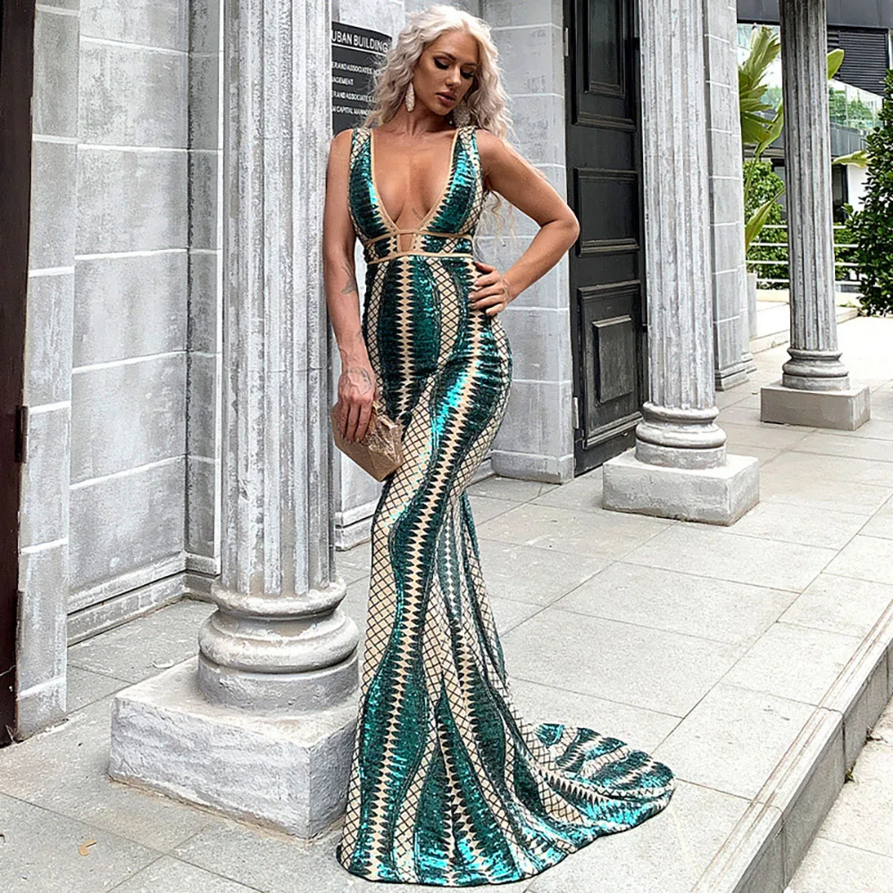 Sexy Women Dresses Long Trail Irregular Striped Sequins V-neck Host Gowns Evening Banquet Suspender Backless Dresses
