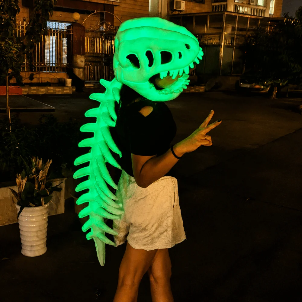 Luminous Dinosaur Skeleton Mask Headgear Glow in The Dark 3D Plush Dinosaur Costume Wearable Breathable Funny Cosplay Headwear - view 2