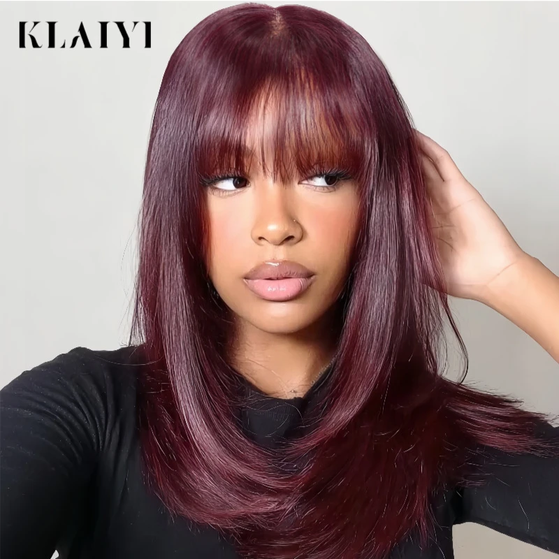 Klaiyi 7x5 باروكة من شعر طبيعي دانتيل أسود الكرز الطبقات الذئب قص مع الانفجارات Wispy الرباط الداعا الداعا عقدة شعر مستعار