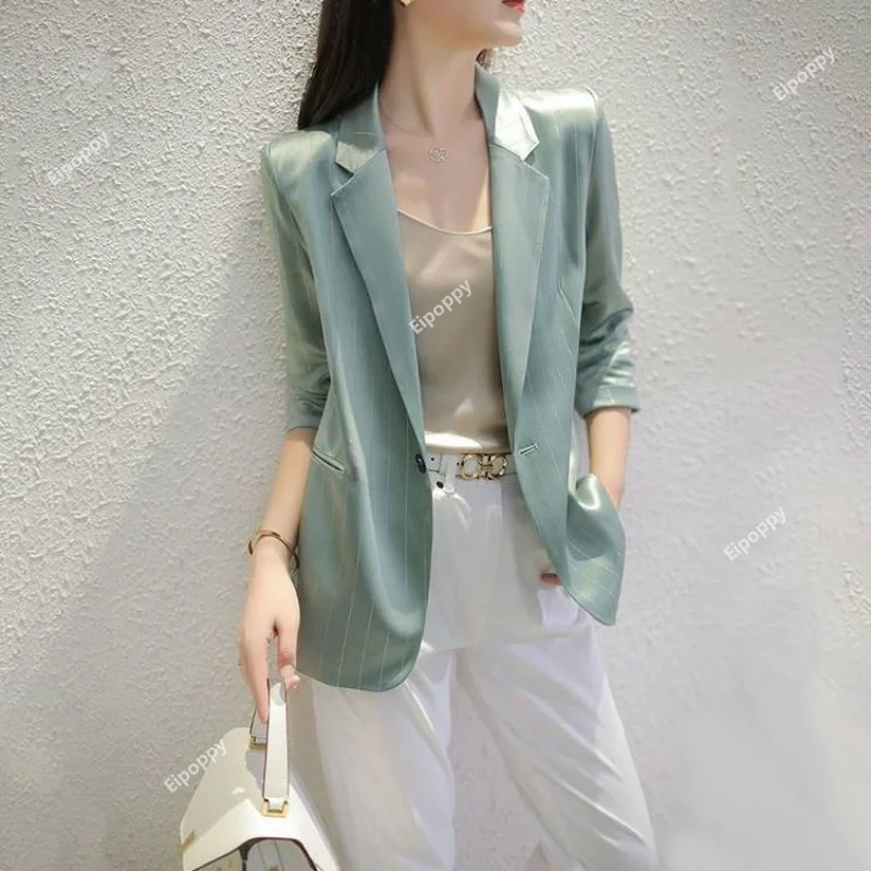 Bright Silk Striped Suit Seven-quarter Sleeve Mint Green Blazer Thin Women