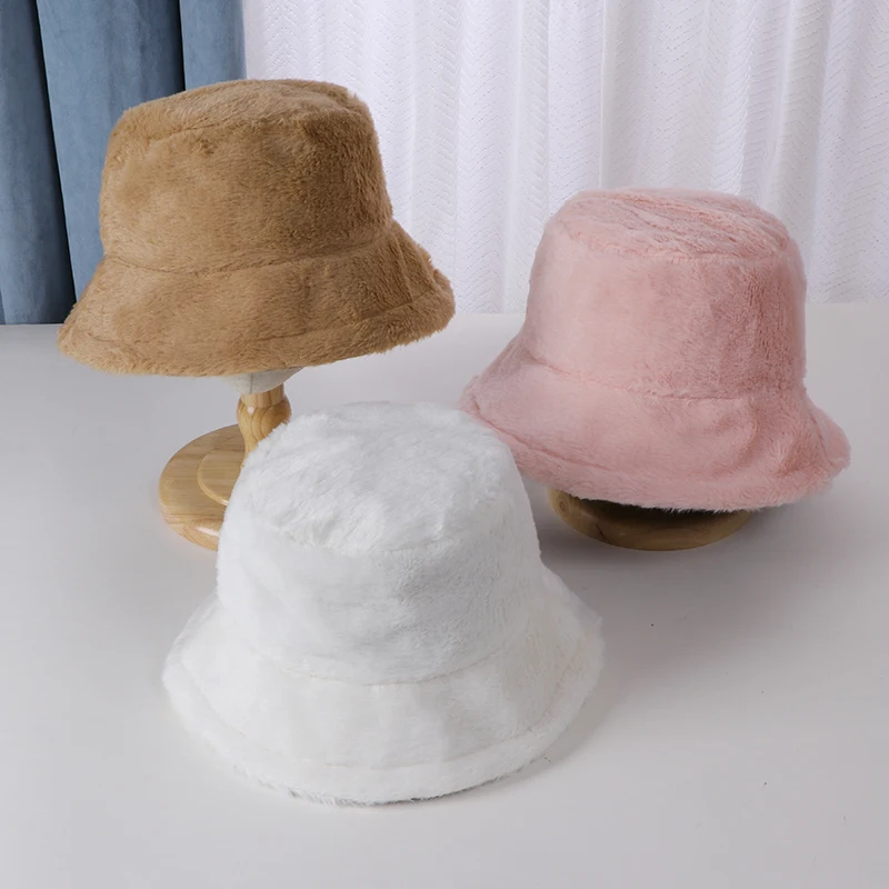 2023 Winter Faux Fur Fluffy Bucket Hats Women Autumn Outdoor Thick Warm Hat Soft Furry Fisherman Cap Girl Fashion Panama Cap