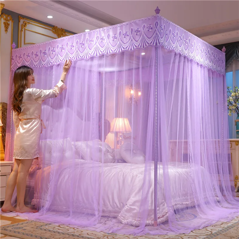 

Romantic Lace Pleated Mosquito Net Embroidery Breathable Square Queen Double Bed Net Canopy Not Included Stainless Steel Bracket