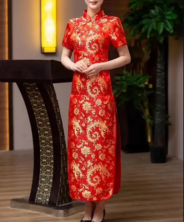 Chinese Cheongsam Dress Women Red Work Welcome Guests Hotel