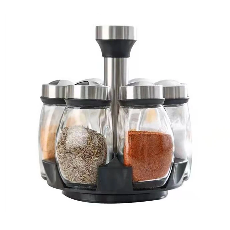 7pcs Spice Jar Set Rack Glass Organizer Rotating Glass Seasoning Sugar Pepper Bottles Salt Shakers Holder Kitchen Storage Rack