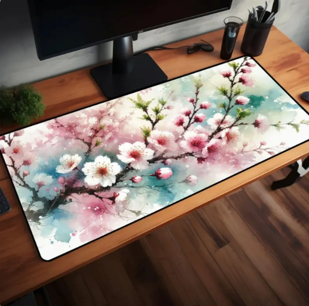 Watercolor Cherry Blossom Large Desk Mat Pink Floral Sakura Extended Gaming Mouse Pad  Non-Slip Rubber Base Keyboard Mat Acc.