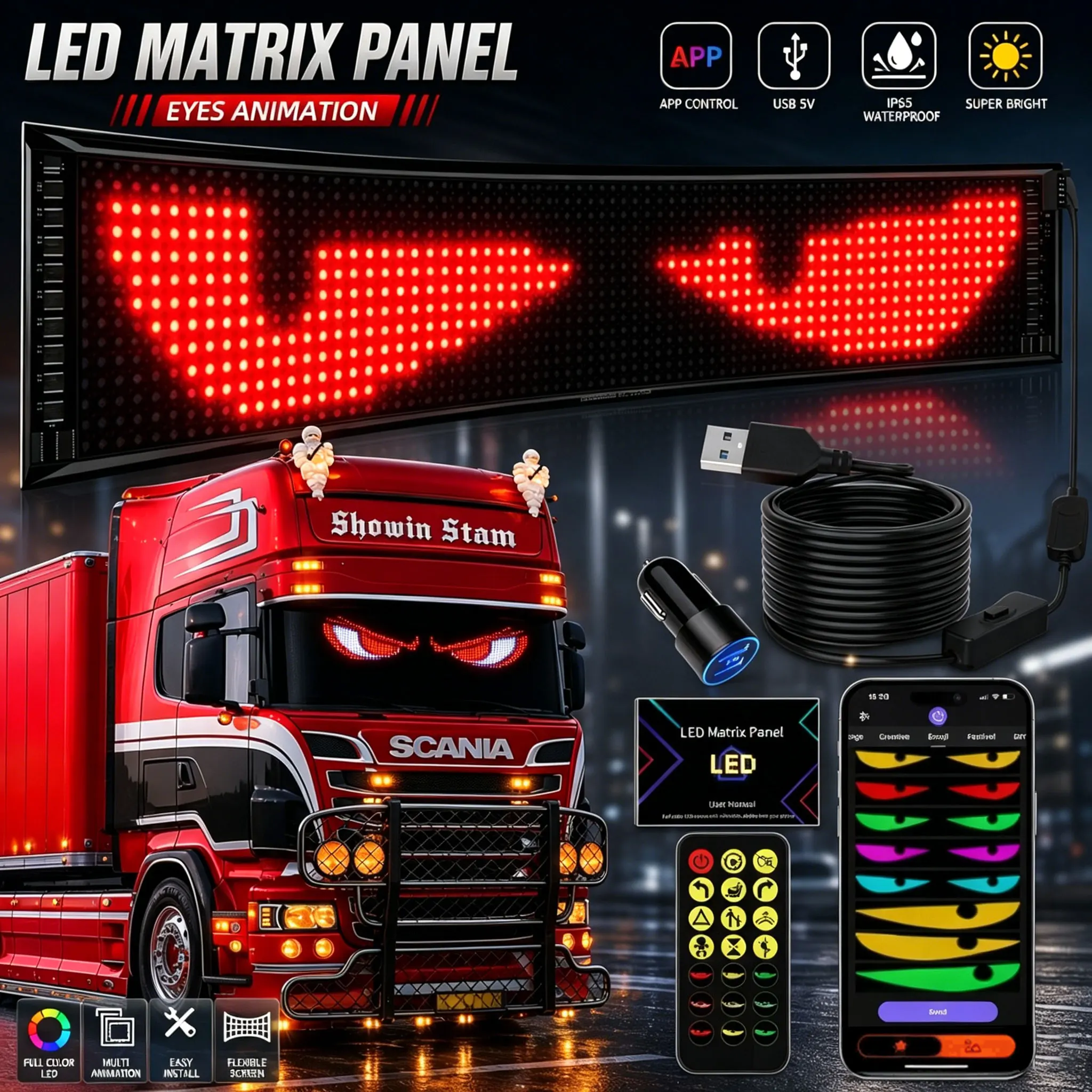 

Dynamic Devil Eyes Light for Car Truck Windshield Programmable LED Display Flexible Soft Screen DIY Bluetooth APP Remote Control