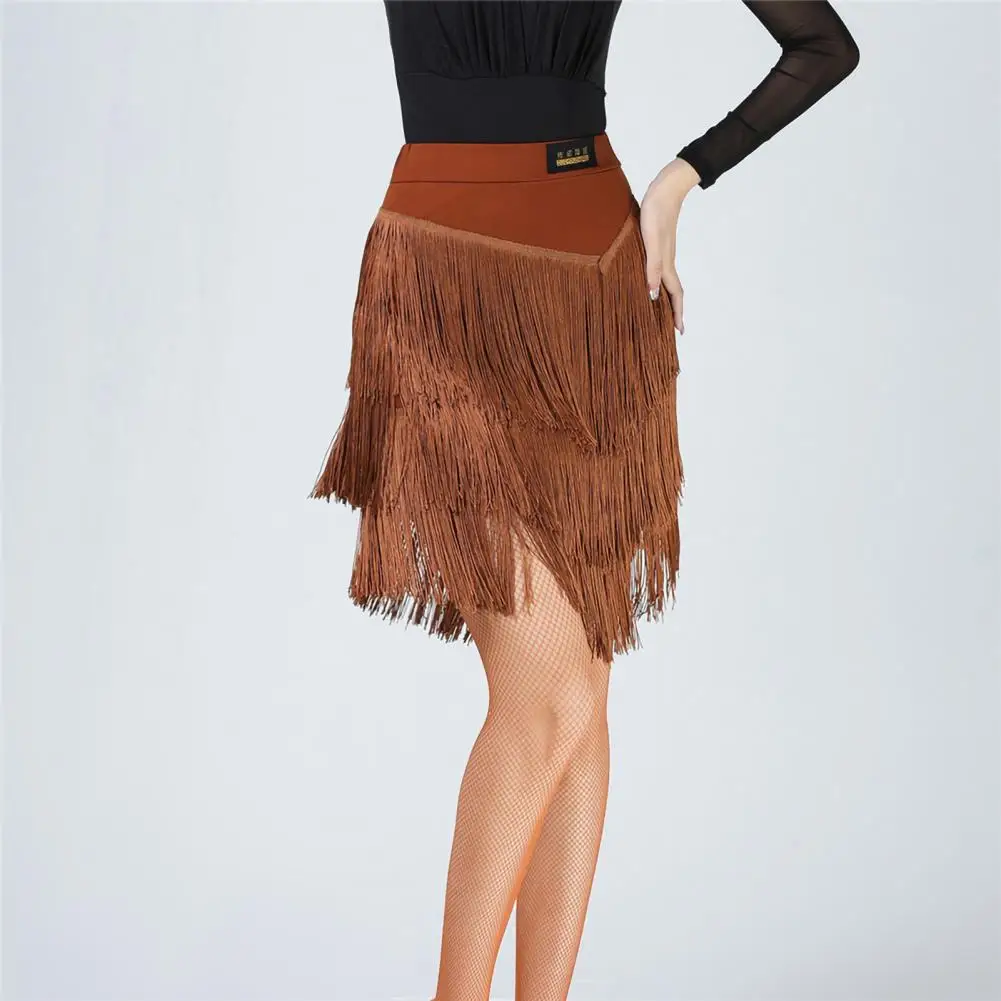 Latin Dance Tassel Skirt Elegant High Waist Fringed Design Skirt Solid Color Dance Training Performance Skirt Women's Clothing