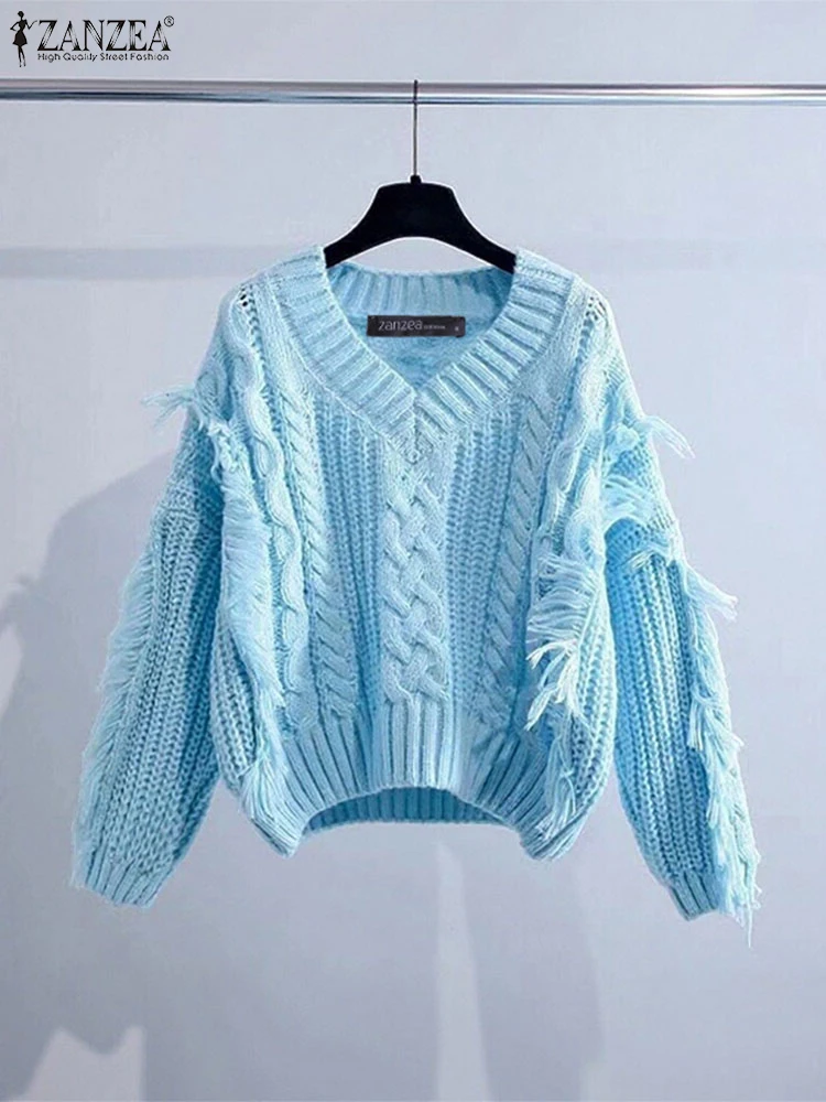 Women Fashion Autumn Knitted Sweaters ZANZEA 2025 Tassel Pullovers Casual Solid Long Sleeve Jumpers V-Neck Loose Elegant Shirts