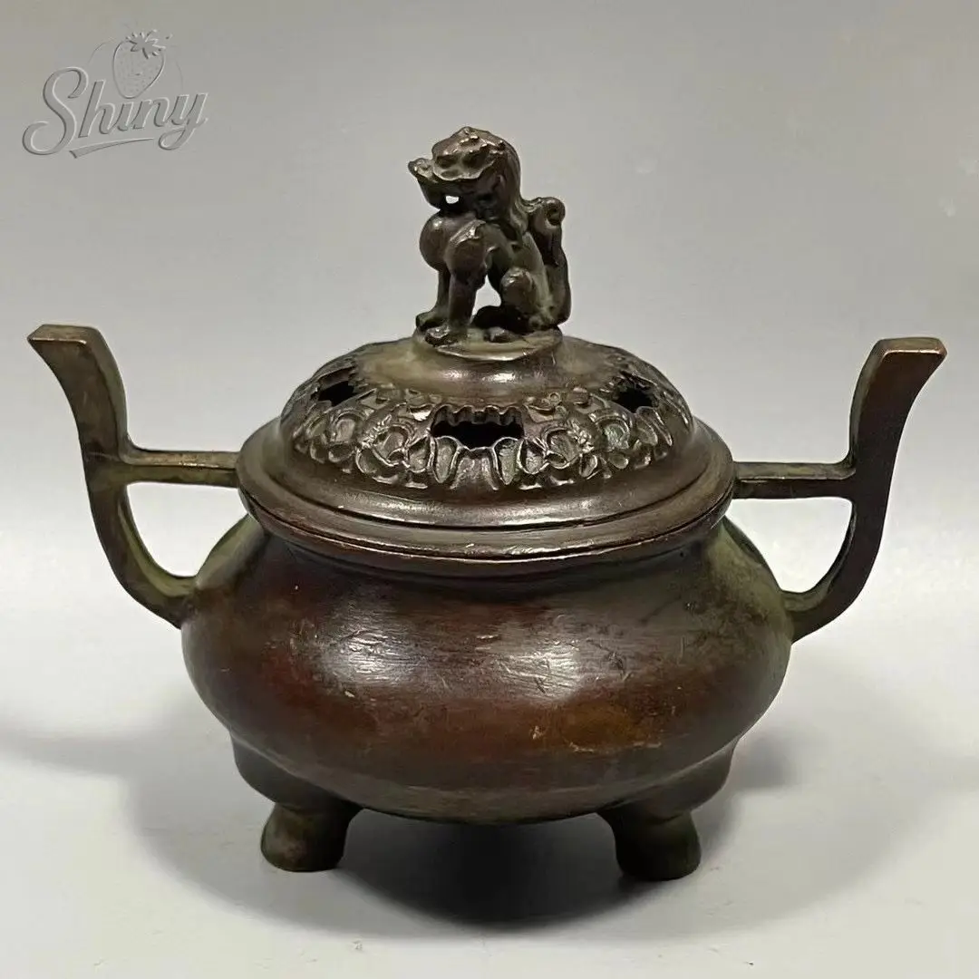 Antique Copper Incense Burner Chinese Hand Carved Kirin Statue Double Ear Burner Collection Crafts Home Decorations