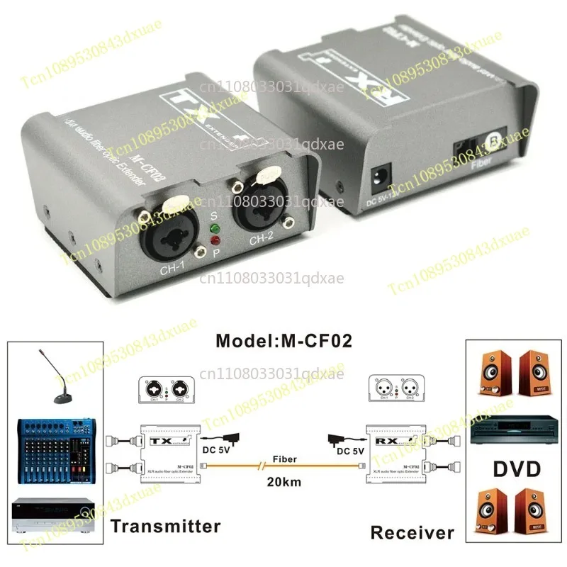 2 Way XLR Audio Fiber Optical Transceiver Extender, 2CH Balanced Audio Over SC Fiber Cable Up to 20km