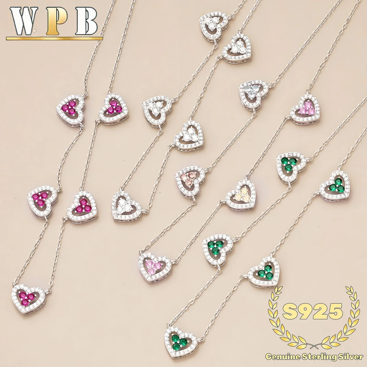 Genuin‌e S925 Sterling Silver 5 Hearts Studded Necklace Shine CZ Adjustable Chain Jewelry Gift for Women Valentine Anniversary