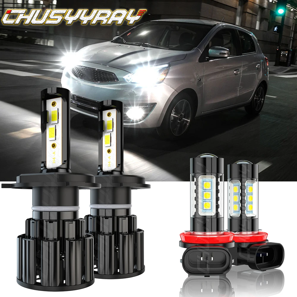 

CHUSYYRAY Car lights Compatible For Mitsubishi Mirage 2014-2019 4X LED Headlight High/Low Fog Light Bulbs Kit 6000K Super Bright