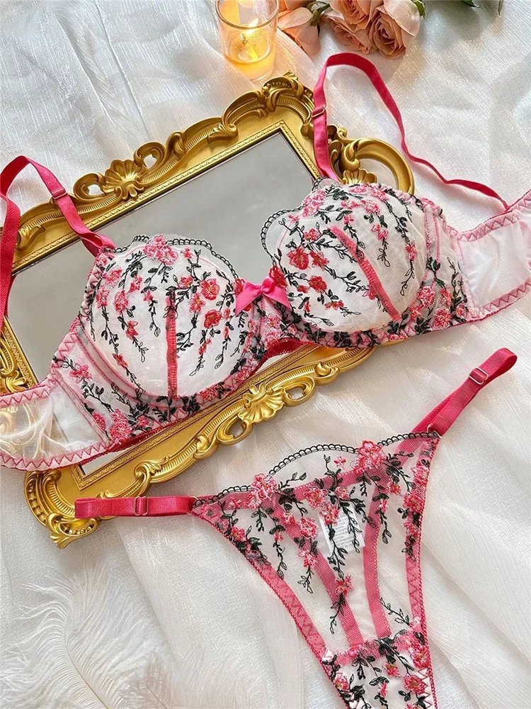 

Women Sexy Bra Set Embroidery Floral Lingerie Lace Fairy Seamless Underwear Thong Transparent See Through Exotic Bra Brief Sets
