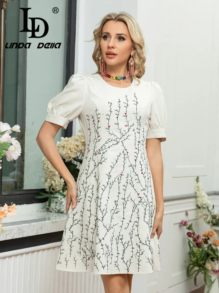 LD LINDA DELLA 2025 فستان قصير للربيع والصيف بتصميم جديد برقبة دائرية وأكمام قصيرة وخصر مطرز للخدمة الشاقة للنساء #3