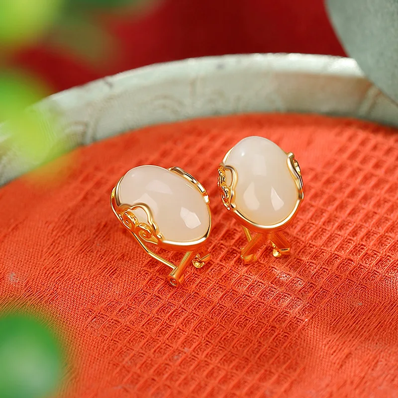 S925 Sterling Gold-Plated Hetian Jade , Vintage Fashion Style, Elegant-Shaped Ruyi Silver Earrings