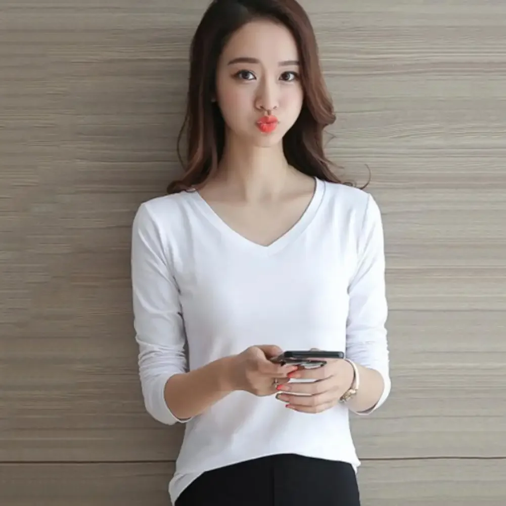 

Women T-Shirt Crew/V Neck Slim Fit Pullover Long Sleeve Stretchy Keep Warm Solid Color Women Autumn Basic Tee Tops Daily Clothin