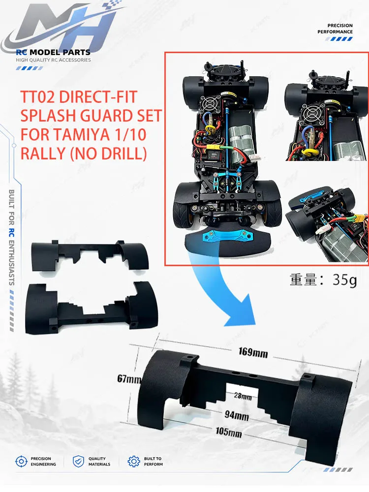 Tamiya TT02 1/10 RC Mudguard Set Drop-in Splash Guard No Drill for Rally Car
