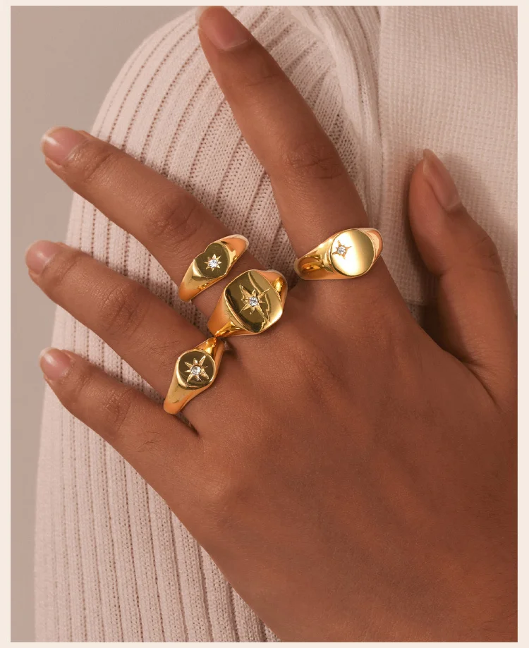Sunshine Signet Pinky Ring aus Edelstahl, Zirkonia-Inlay-Ring vergoldet, nicht anlaufender Modeschmuck – Detail 2