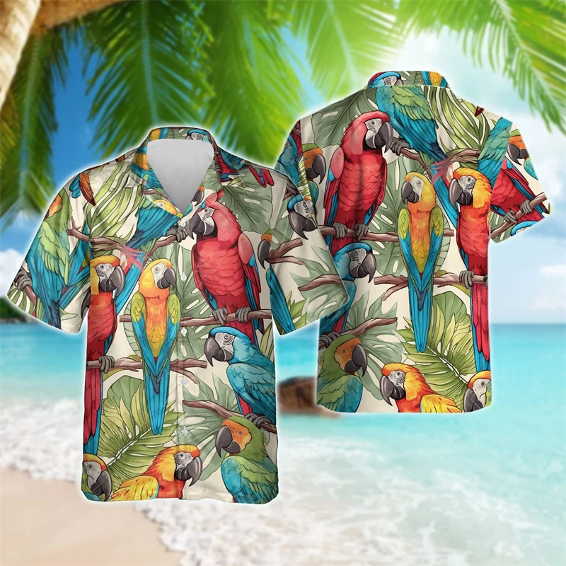 Tropical Parrot 3D Printed Beach Shirt Hawaiian Flower Animal Shirts For Men Clothes Vacation Lapel Blouse Psittacine Bird Tops