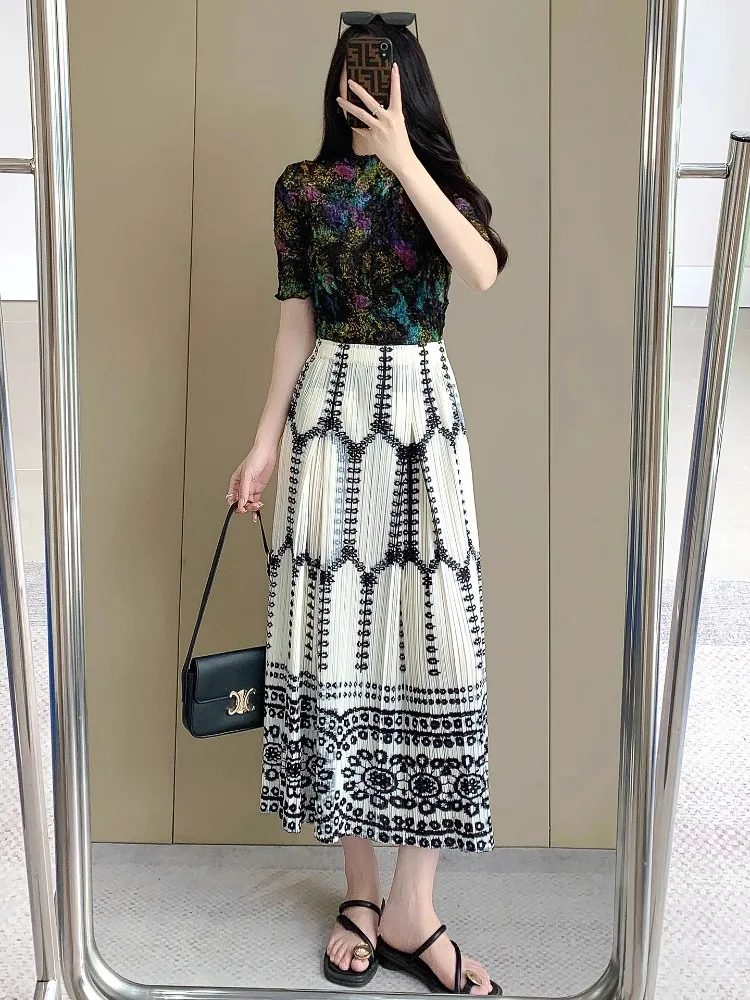 Miyake Falda plisada de estilo étnico Retro para mujer, novedad de verano, falda larga versátil adelgazante con estampado de cintura alta