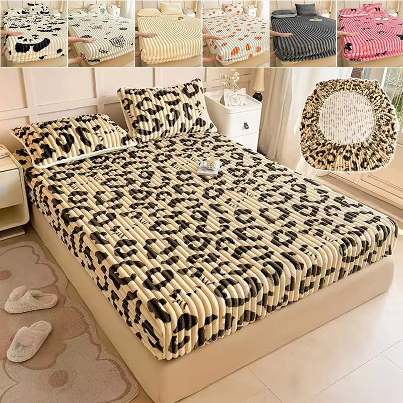 New Autumn Winter Thicken Fitted Sheet Rabbit Plush Warm Comfortable Elastic Bed Cover Fully Wrapped Printed Mattress Cover 침대패드