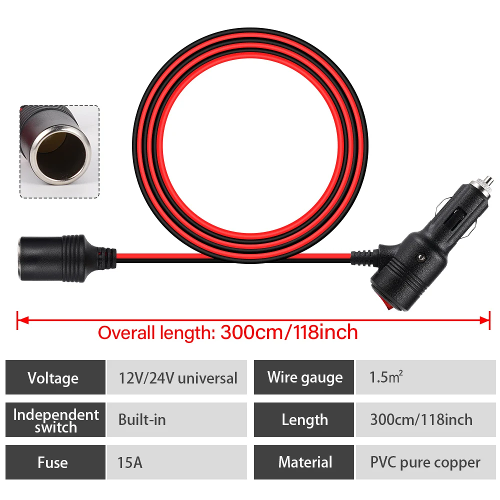Kabel ekstensi pemantik rokok Universal, alat aksesori steker soket pemantik rokok mobil, kabel ekstensi 3M 12V/24V 15A